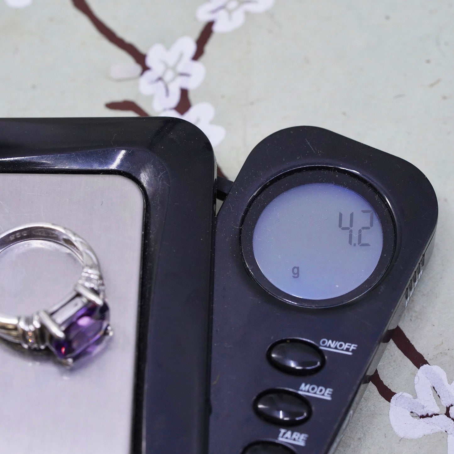 Size 5, vintage Sterling silver handmade ring, 925 with amethyst and Cz around
