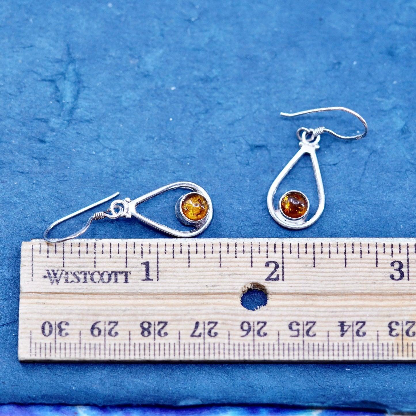 Vintage sterling silver handmade earrings, 925 teardrop with amber