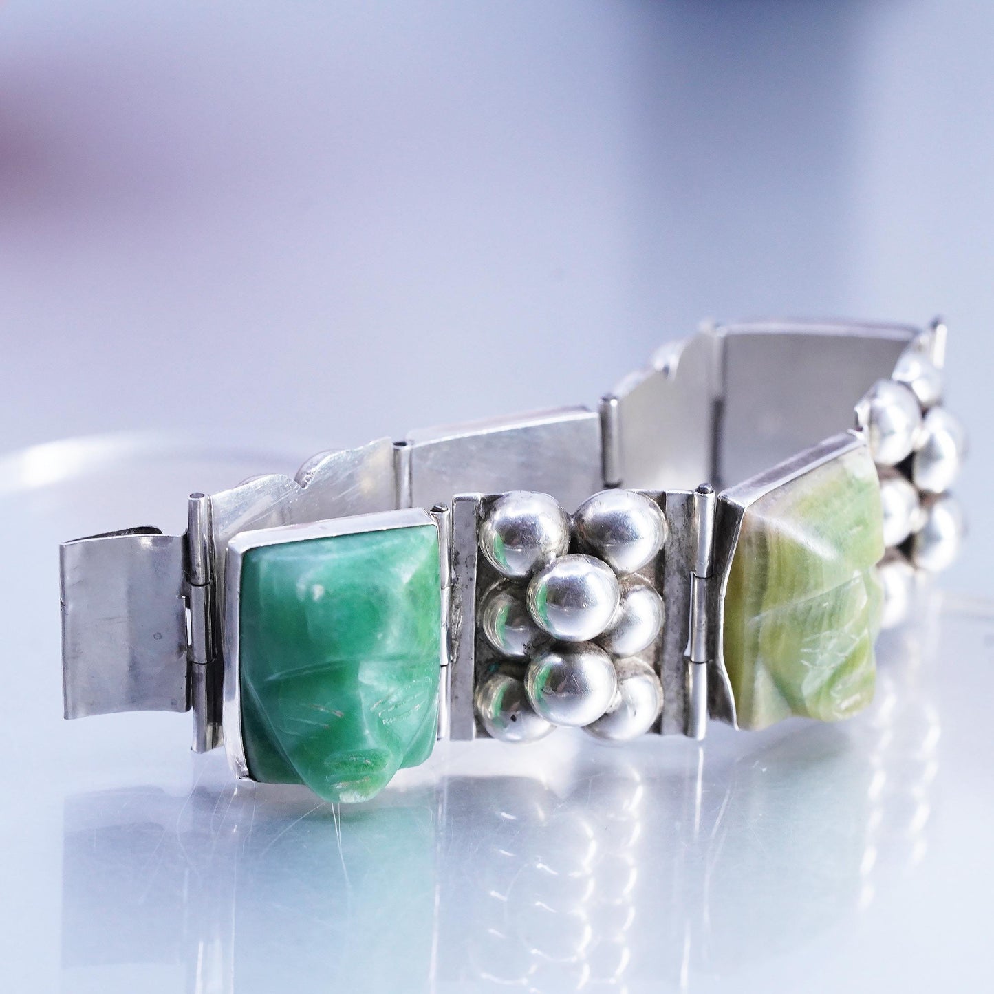 6", DEFECTED! Mexican Sterling Silver Carved Jade Face Mask Panel Bracelet