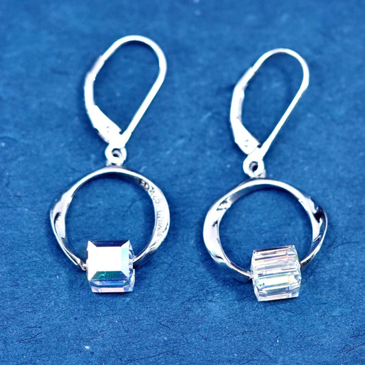 Vintage sterling silver earrings, solid 925 silver circle with cz