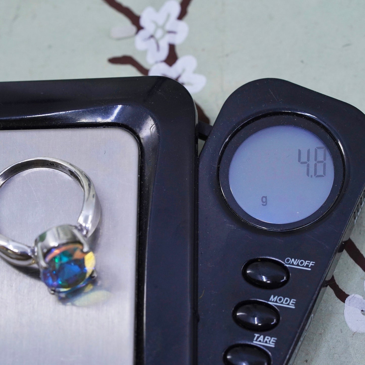 Size 7.75, vintage Badavici Sterling 925 silver handmade ring rainbow tavalite