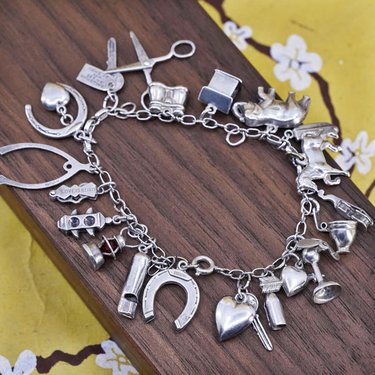 6.5”, Sterling silver horse riding lover bracelet, 925 silver chain 20 charms
