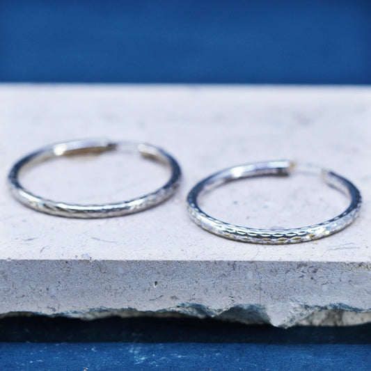 1.5”, Sterling silver handmade earrings, puffy 925 silver hoops with texture