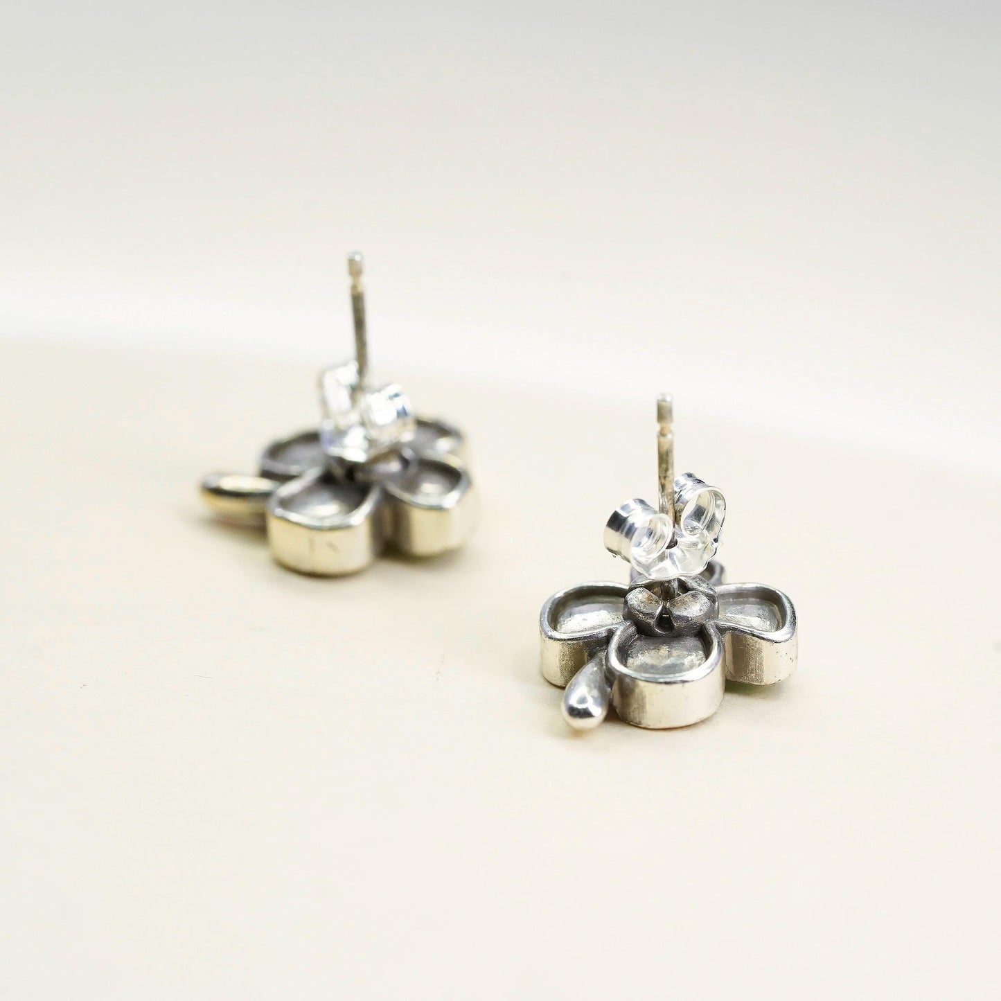 Vintage Sterling silver handmade earrings, 925 enamel lucky clover studs w/ cz
