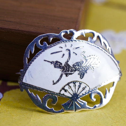 Vintage Indian SIAM white enamel sterling 925 silver fan brooch with goddess