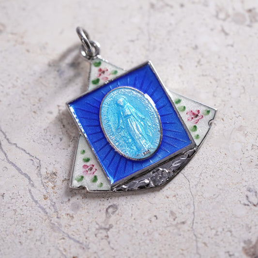 1950’s sterling 925 silver enamel miraculous Virgin Mary medal charm pendant