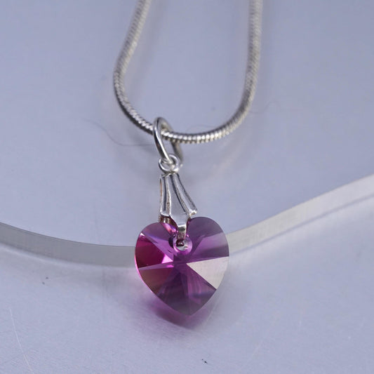 20", vintage Sterling 925 silver handmade snake necklace crystal heart pendant