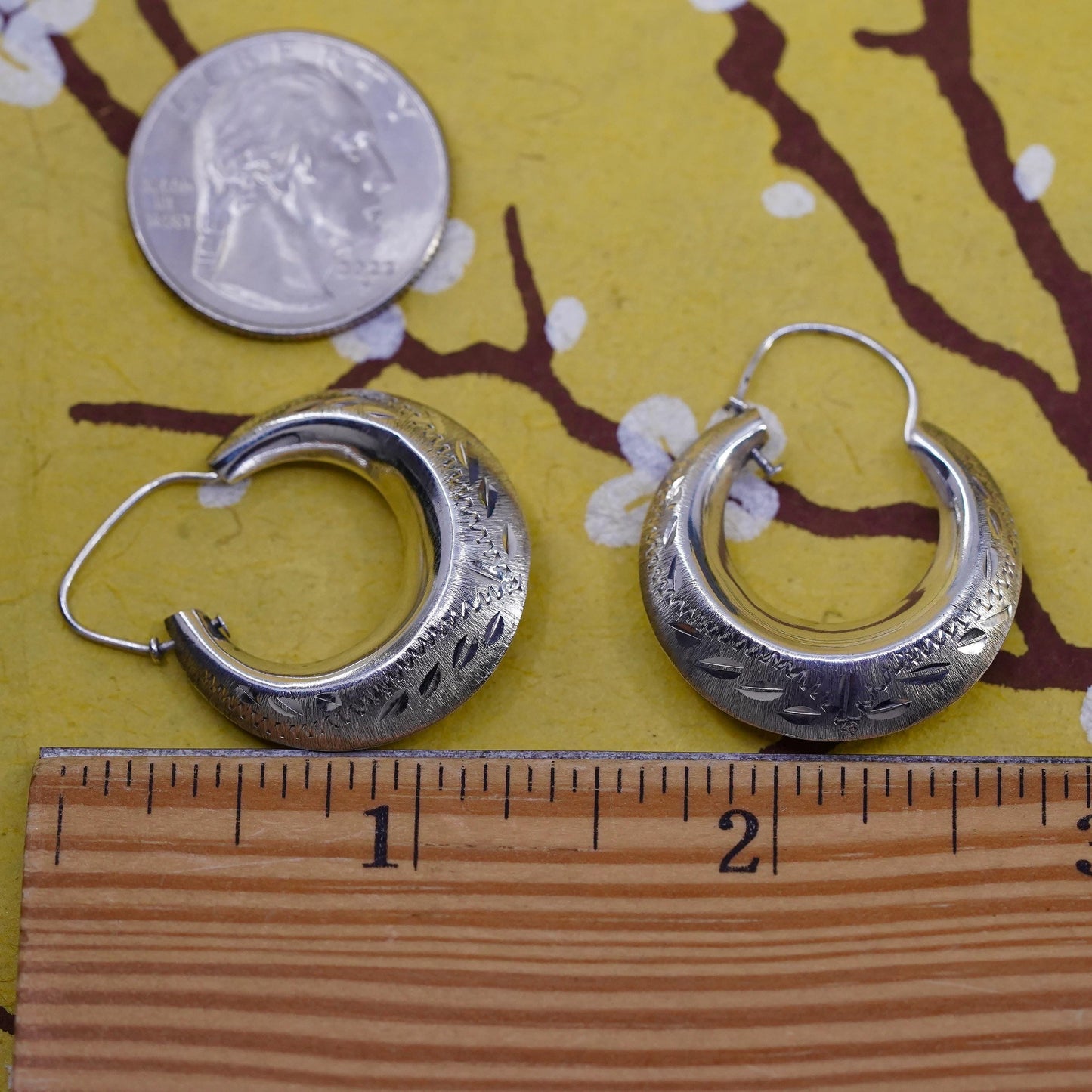1.25", Vintage Sterling silver handmade hoop earrings, 925 textured edgy huggie