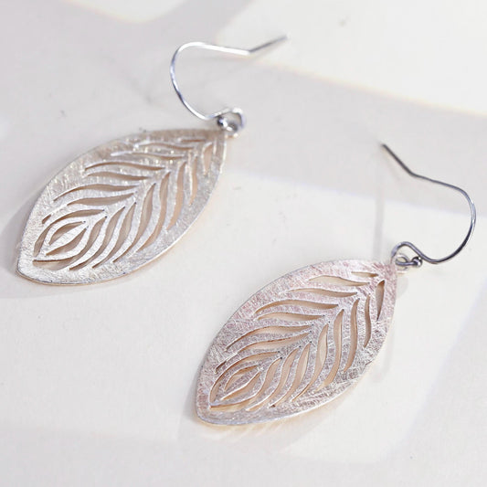 Vintage two tone Sterling silver handmade earrings, matte leaf openwork drops