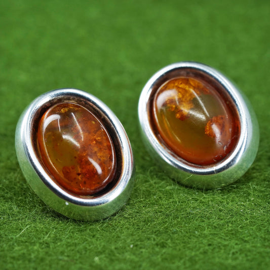 Vintage Sterling 925 silver handmade earrings with oval Amber studs