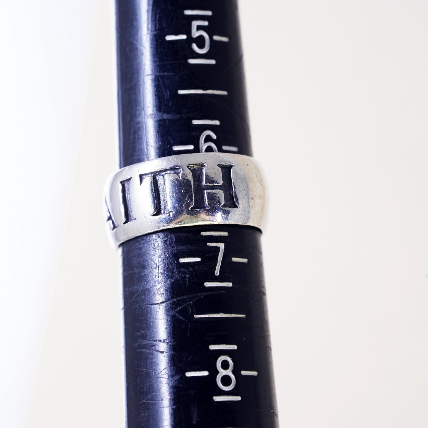 Size 6, vintage Sterling 925 silver handmade relief Faith ring band