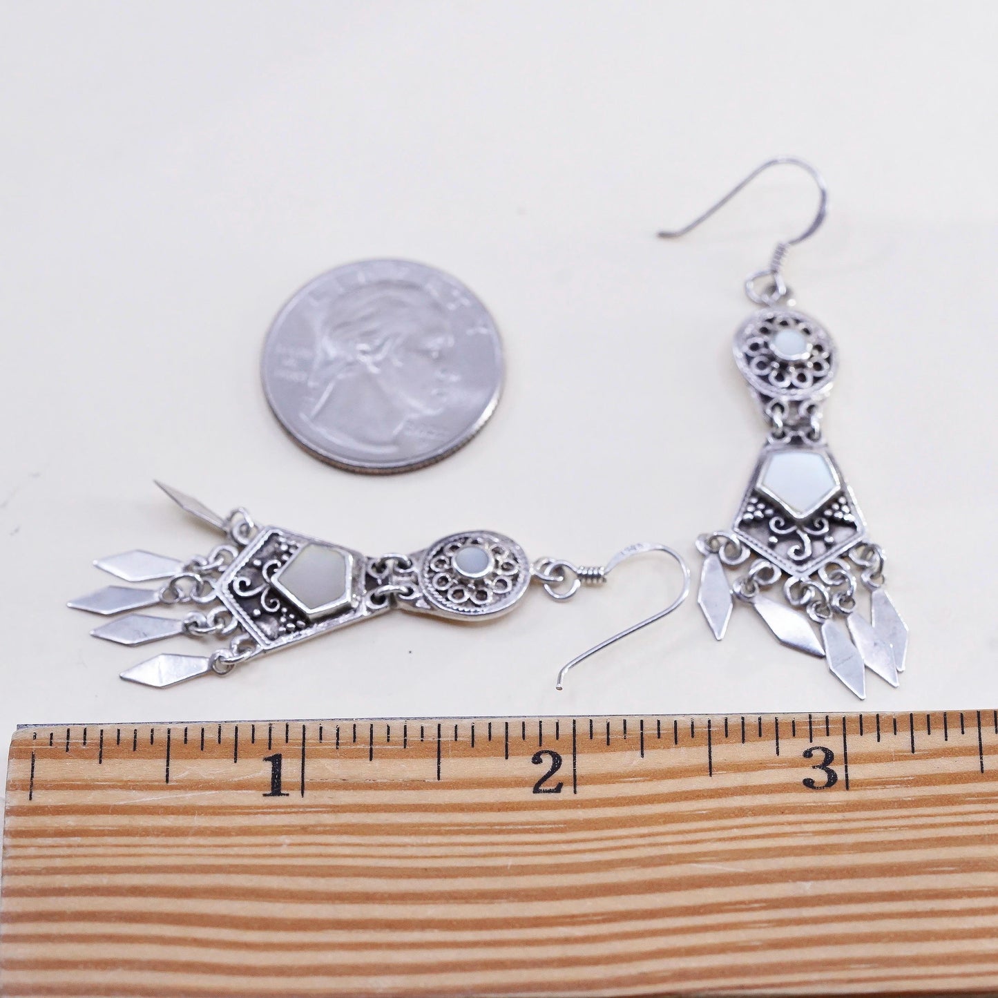 Vintage southwestern 925 Sterling silver earrings mother of pearl inlay fringes