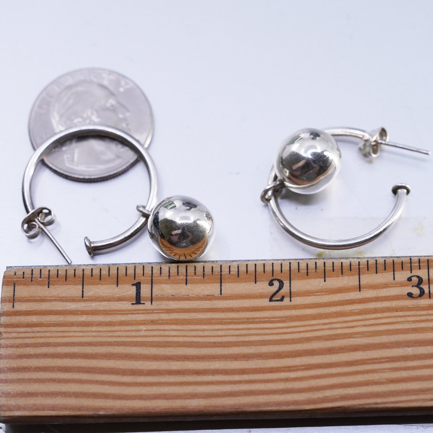 1", Vintage Sterling Silver Ball Earrings, 925 Silver bead Dangle Sphere Hoops