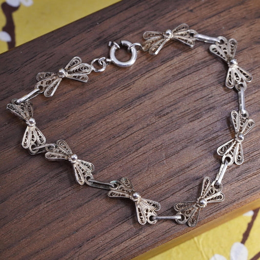 7.5", VTG 925 Sterling silver handmade bracelet, filigree ribbon bow tie chain
