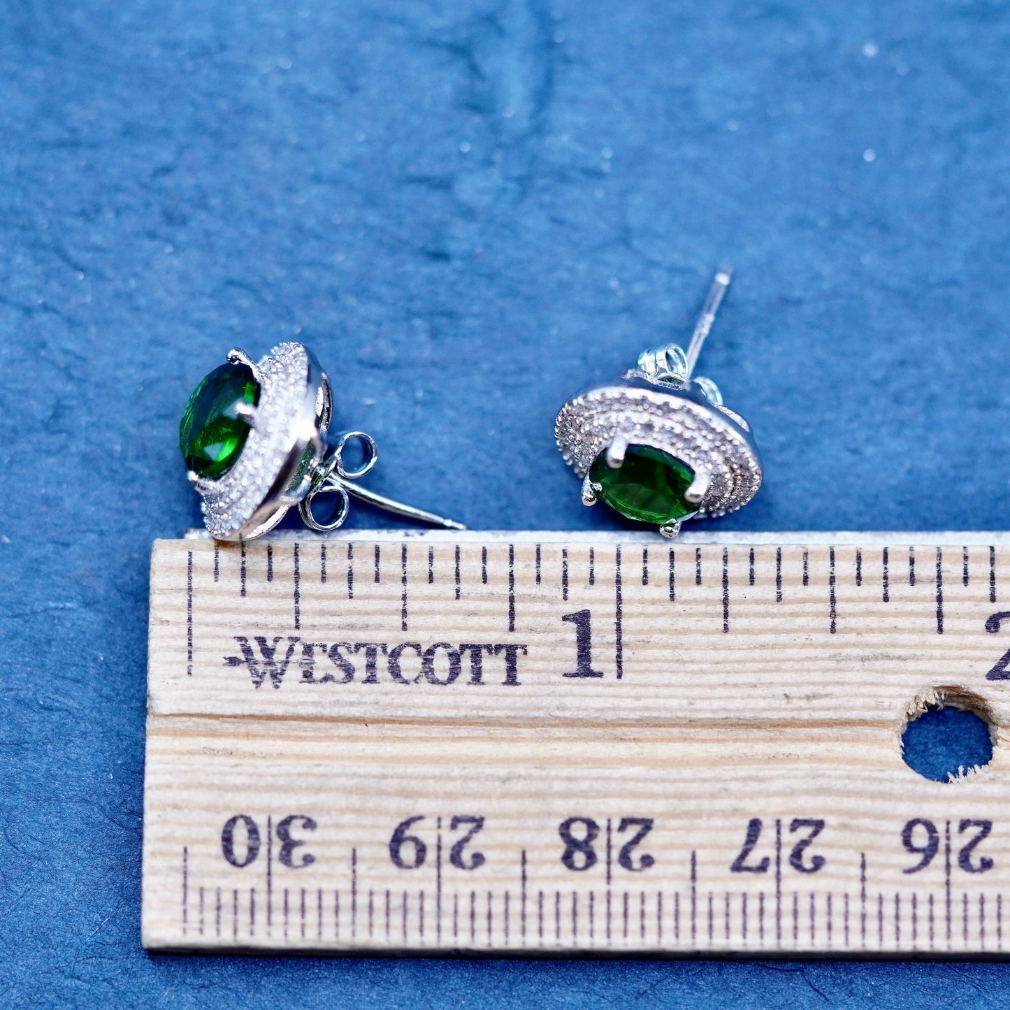 Vintage sterling silver handmade earrings, 925 studs with cluster green crystal