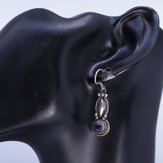 Sterling Silver Amethyst Dangle Earrings, 925 Southwestern Drops, Cabochon
