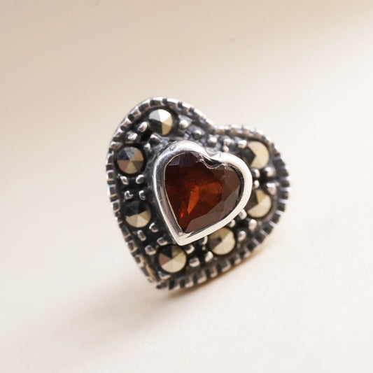 Vintage Sterling 925 silver handmade heart stud ruby marcasite, single earring
