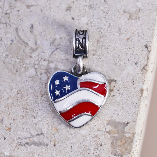Vintage Sterling 925 silver handmade pendant, enamel American flag charm