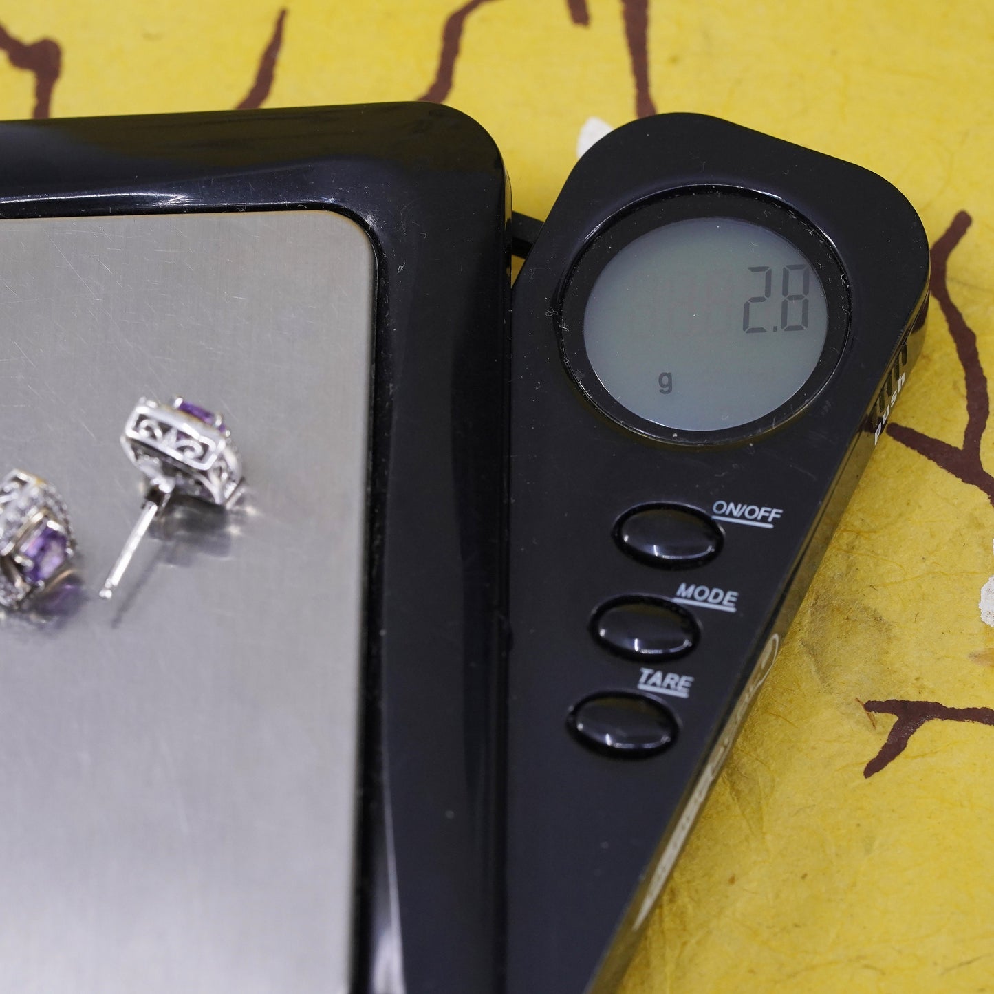 Sterling 925 silver square amethyst studs, earrings with 10K yellow gold trims