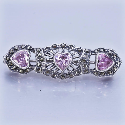Vintage sterling silver brooch, 925 long pin with marcasite and pink crystal