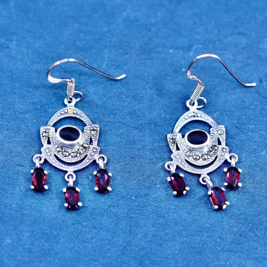 Vintage Sterling 925 silver earrings with onyx marcasite and ruby