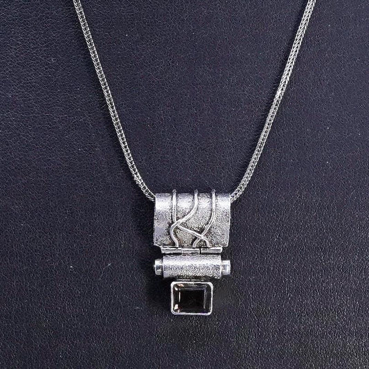 17", Sterling Silver Smoky Quartz Pendant Necklace Modernist Artisan 925 Silver