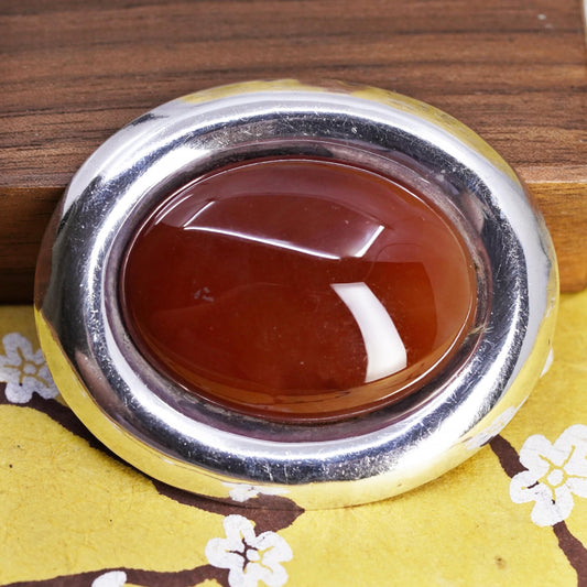 Vintage southwestern Mexican sterling 925 silver huge oval brooch w/ carnelian