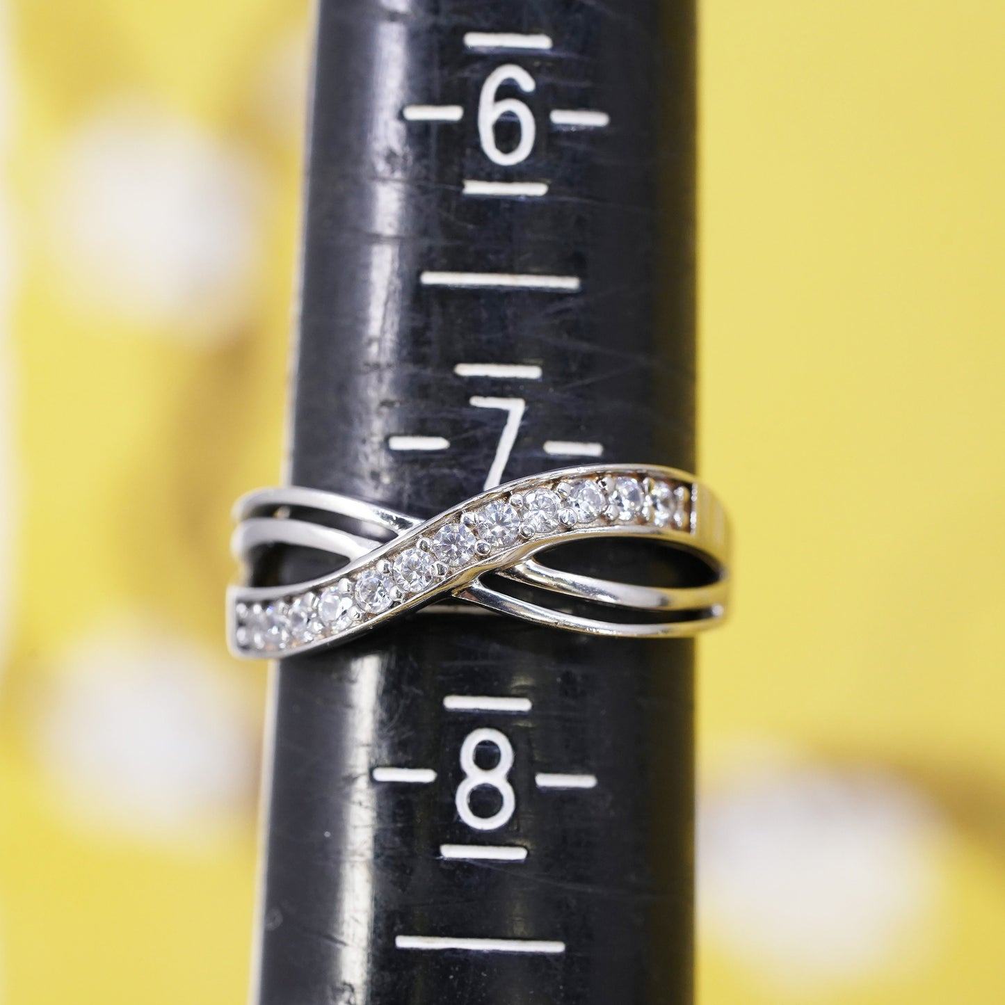 Size 7, vintage Sterling silver handmade ring, 925 wavy band with cz