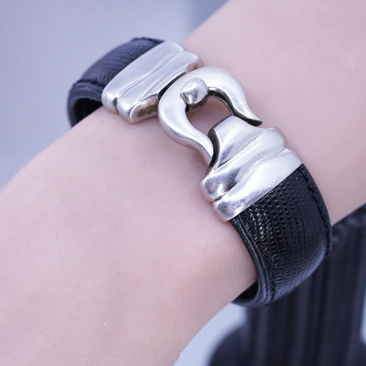 5.5", Industria Argentina Sterling 925 Silver Bracelet, Lizard Leather bangle