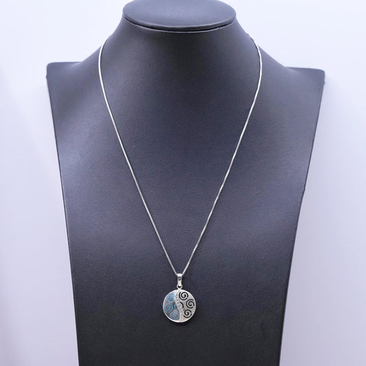 18”, vintage Sterling silver necklace, 925 box chain with swirly tag cz pendant