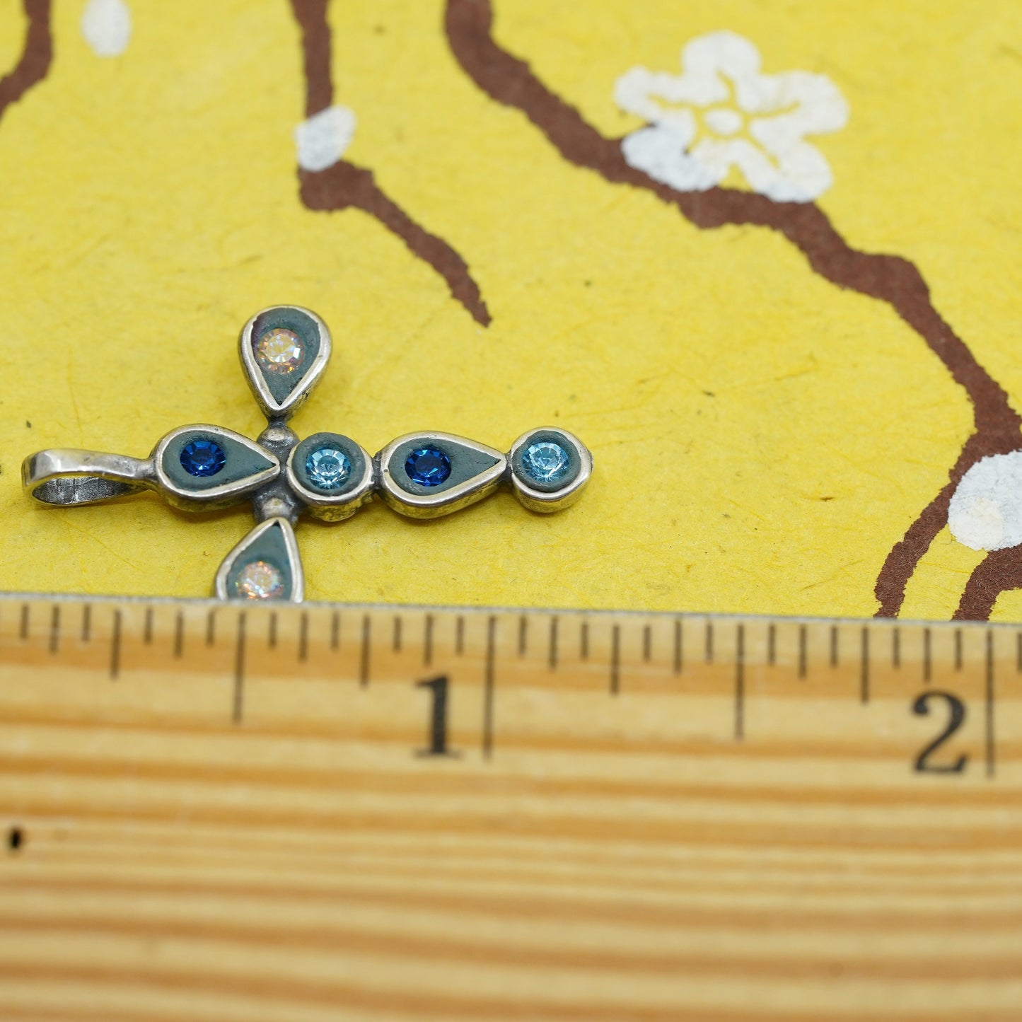 vtg southwestern Sterling silver handmade pendant, 925 cross with colorful Cz