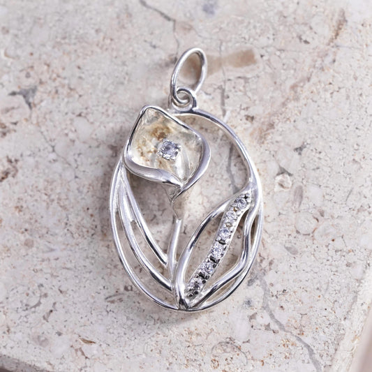 Vintage Sterling silver handmade pendant, 925 lily flower with cz