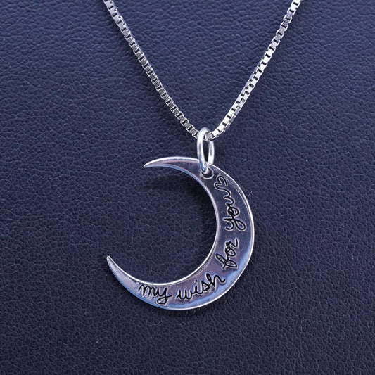 18" Sterling silver necklace, 925 box chain moon pendant “my wish for you”