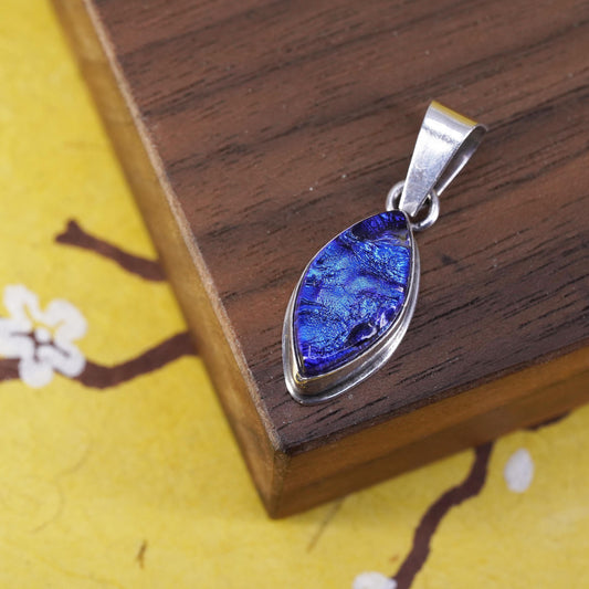 Vintage Sterling 925 silver handmade pendant with blue foil glass, unique