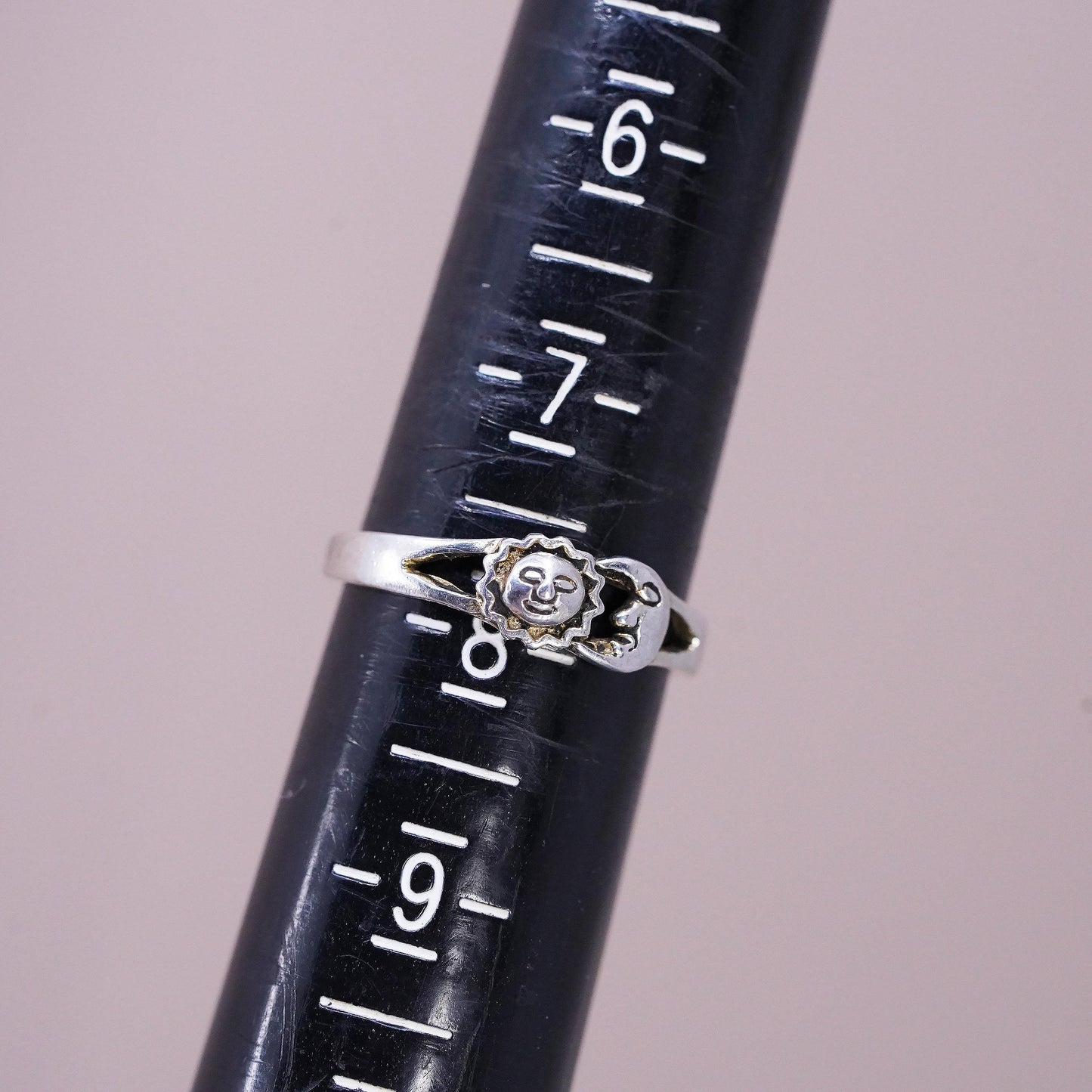 Size 7.75, vintage Sterling silver handmade ring, 925 sun moon face band
