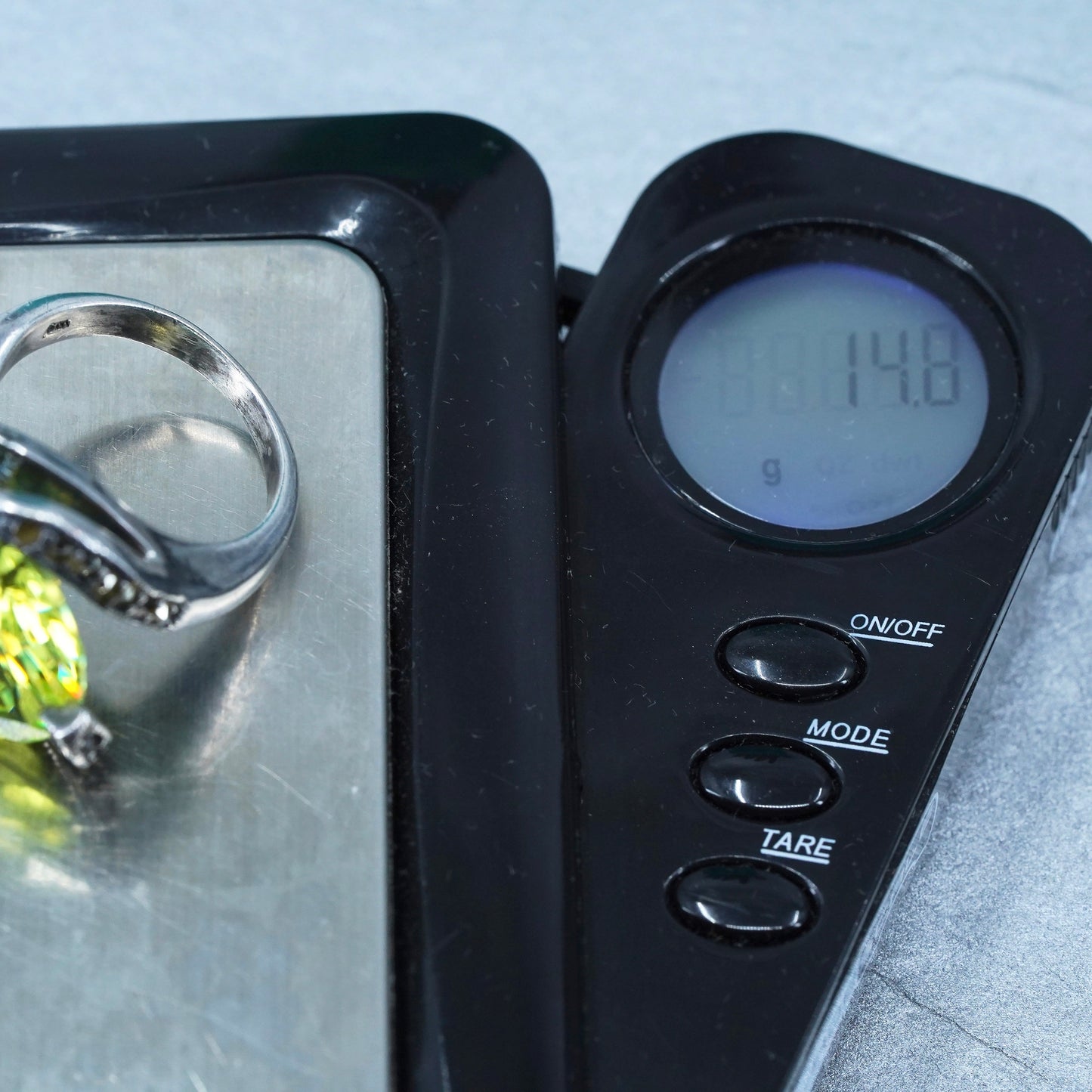 Size 6, Sterling 925 silver handmade statement ring w/ green crystal marcasite