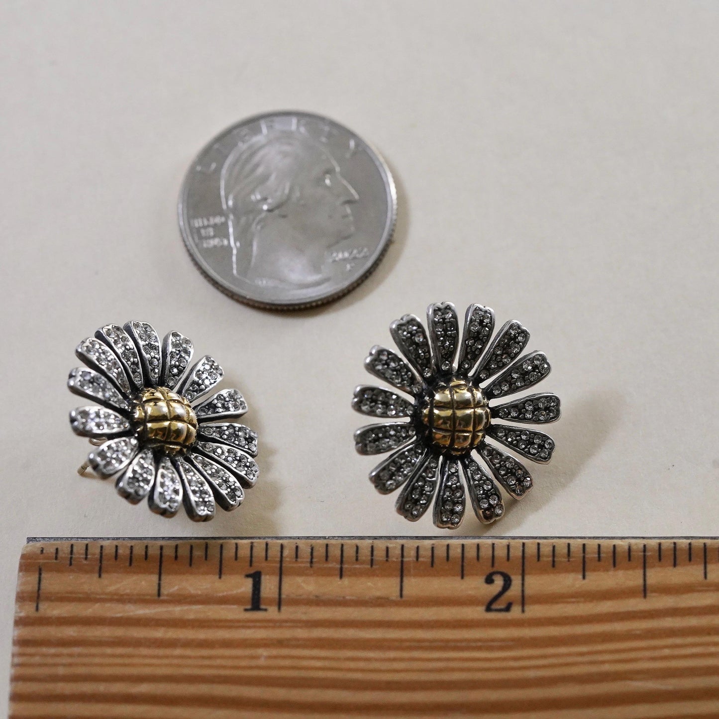 Vintage MMA Metropolitan Museum two tone Cluster CZ Daisy Flower Studs Earrings