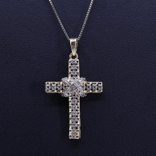 18”, vermeil gold over sterling 925 silver box necklace cross pendant diamond