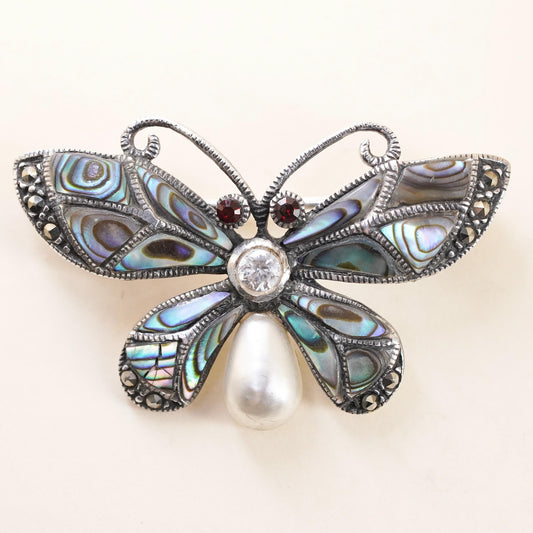 vintage Sterling silver brooch, 925 butterfly pin abalone, marcasite pearl cz