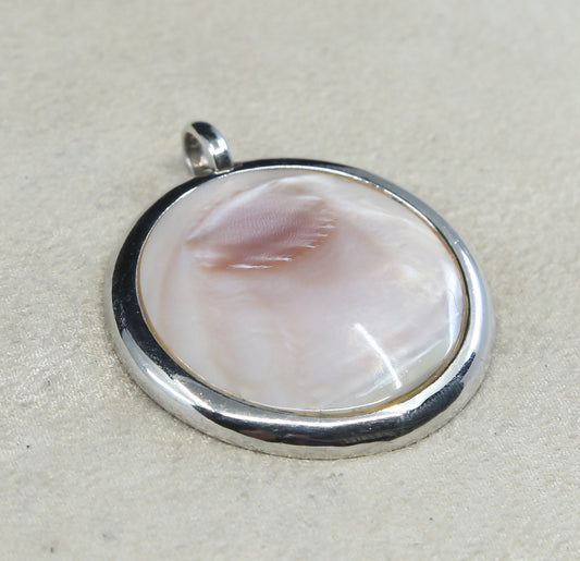 VTG sterling silver handmade pendant, 925 round pendant w/ pink mother of pearl