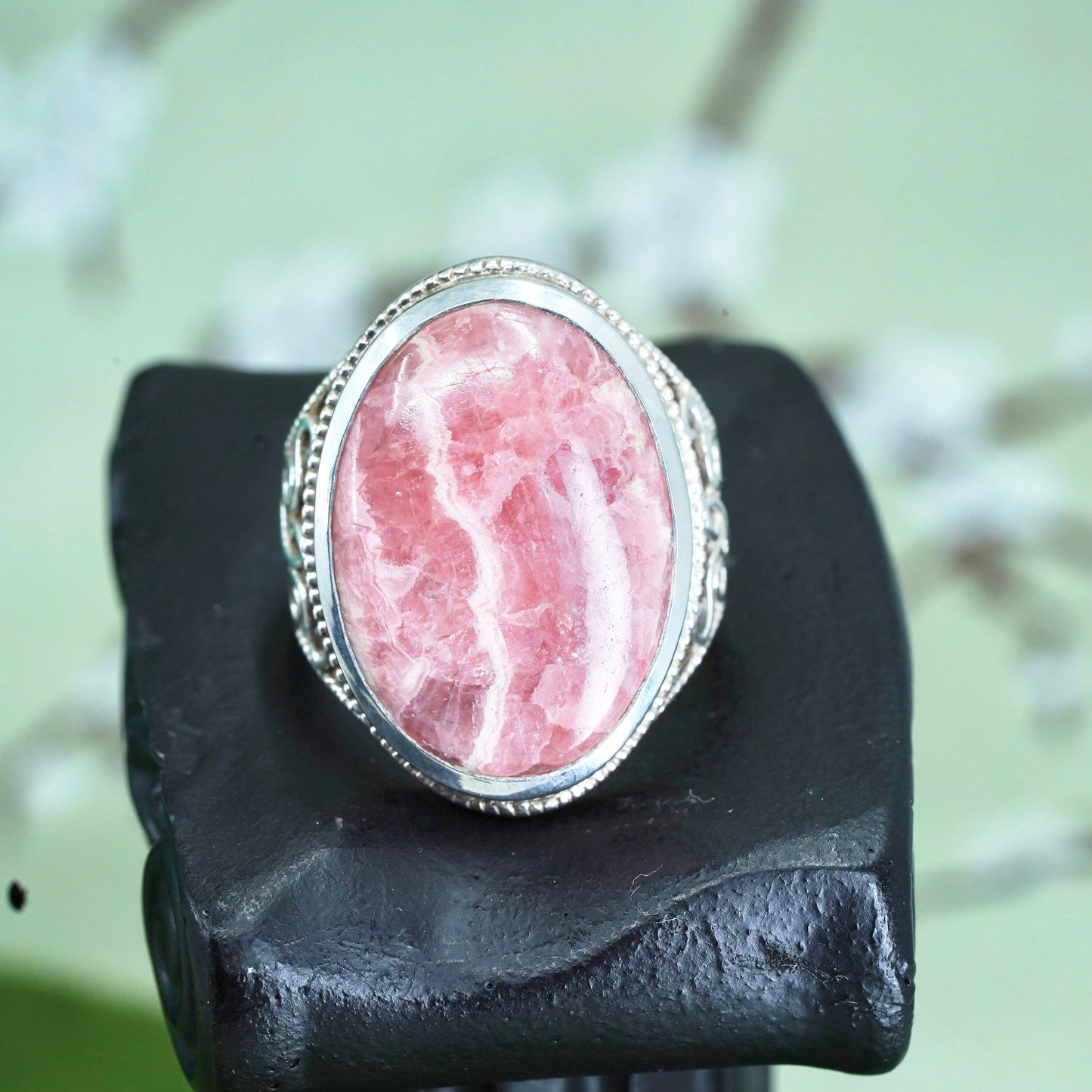 Size 9, Vintage sterling silver ring, filigree 925 ring pink Rhodochrosite