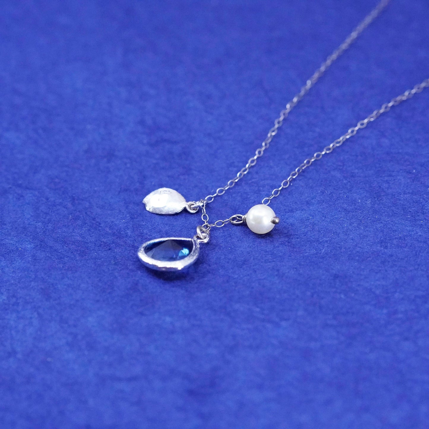 18”, sterling silver 925 handmade necklace, teardrop blue crystal pearl pendant