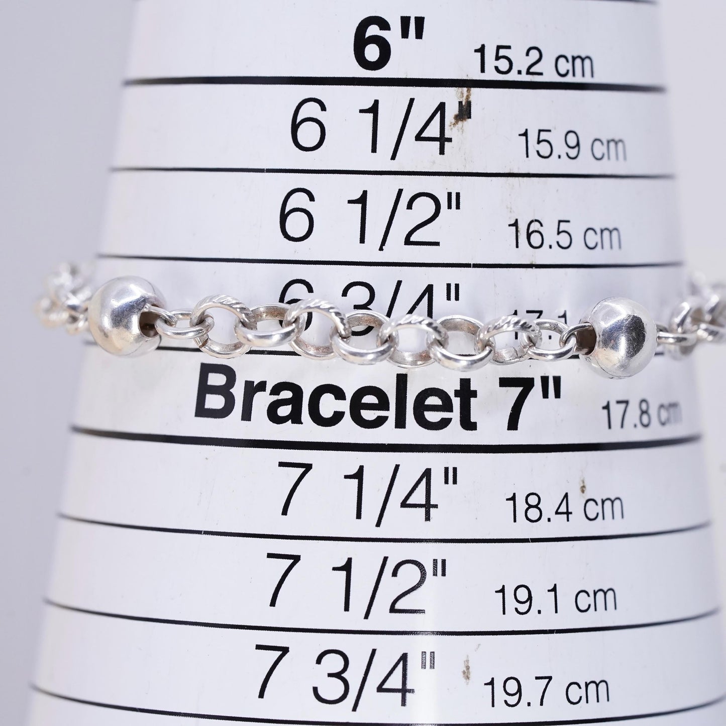 6.75", vintage 925 Sterling silver circle bracelet with 7mm beads