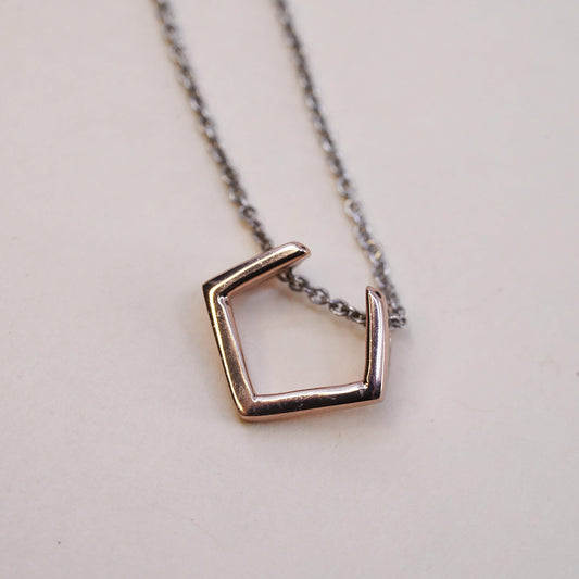 16+2”,, vintage Two Tone sterling silver necklace, 925 circle square Pendant