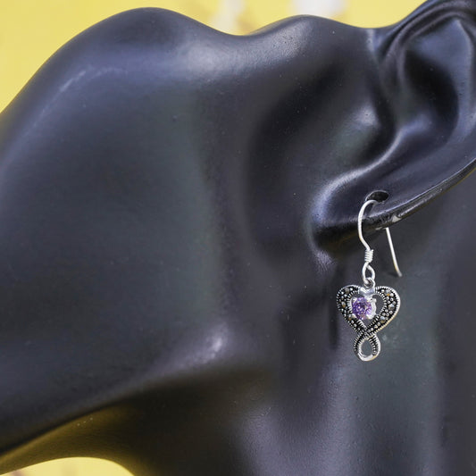 Vintage sterling 925 silver handmade heart earrings with amethyst and marcasite