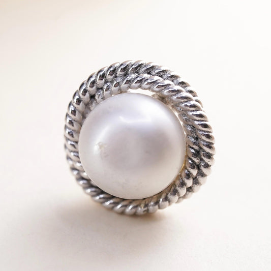 Vintage single earring. Sterling 925 silver pearl stud with cable around