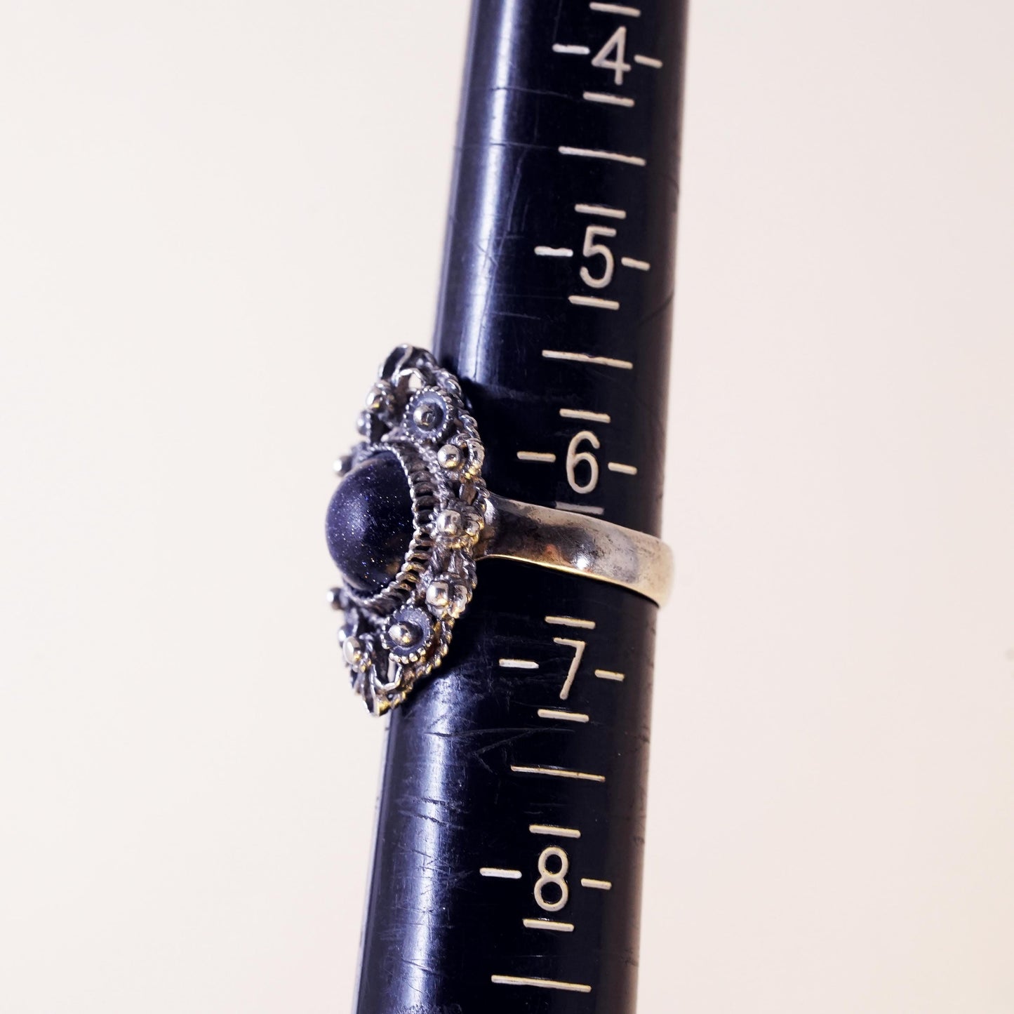 Size 6.25, Vintage sterling 925 silver filigree ring with goldstone and beads
