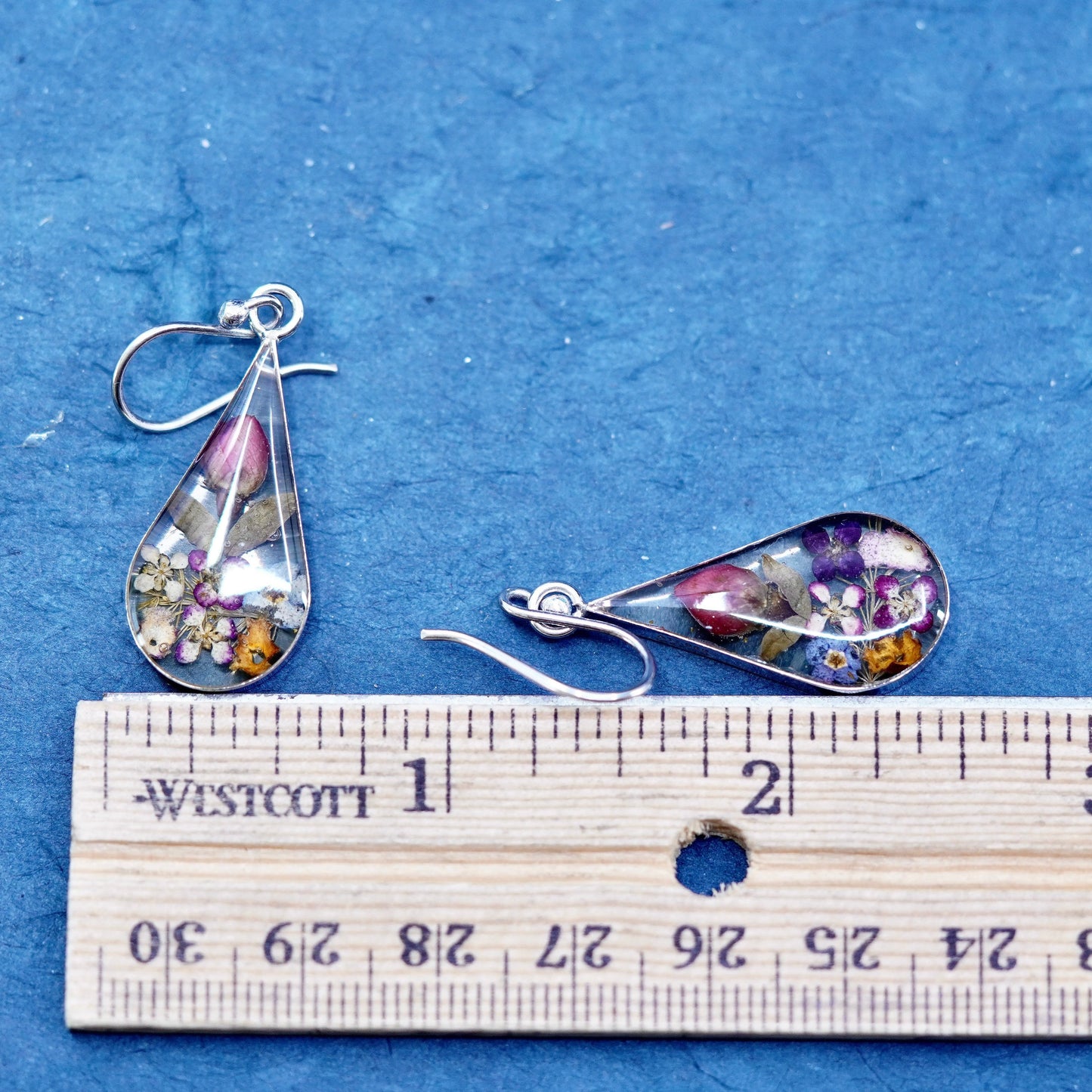 Vintage sterling silver handmade earrings, 925 teardrop with resin flower inlay