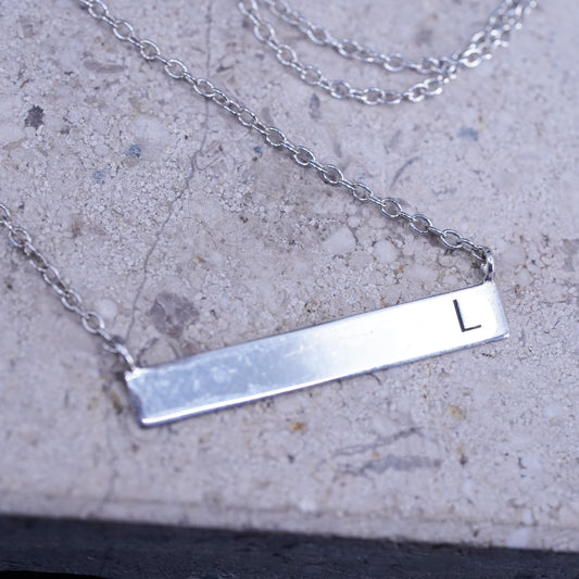 16+2”,, vintage Sterling silver necklace, 925 circle chain bar letter L