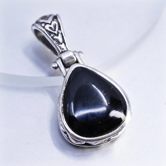 Vintage Bali sterling 925 silver double sided filigree teardrop pendant onyx